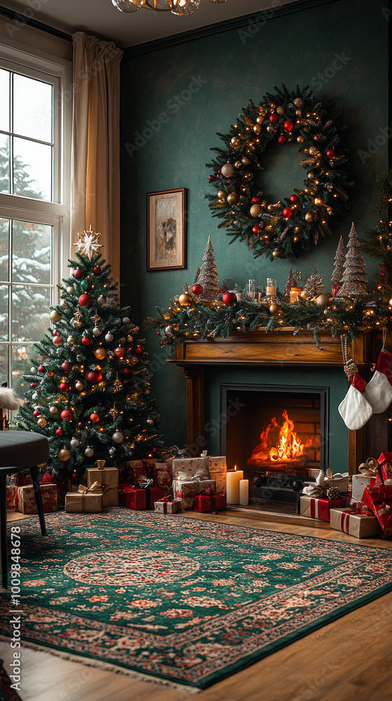 Cozy living room with a decorated Christmas tree, a fireplace and a green rug. Cozy living room with a decorated Christmas tree, a fireplace and a green rug.
