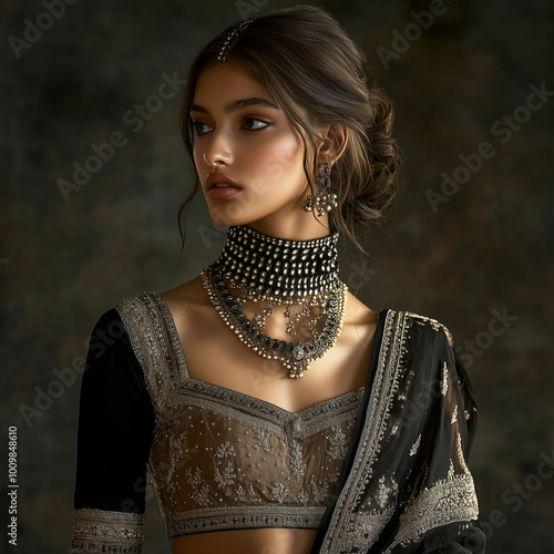 Obraz na płótnie Indian model dressed in a fusion of modern and traditional attire, her neck adorned with elegant crisscross chains, full-body view in a fashion studio setting w salonie