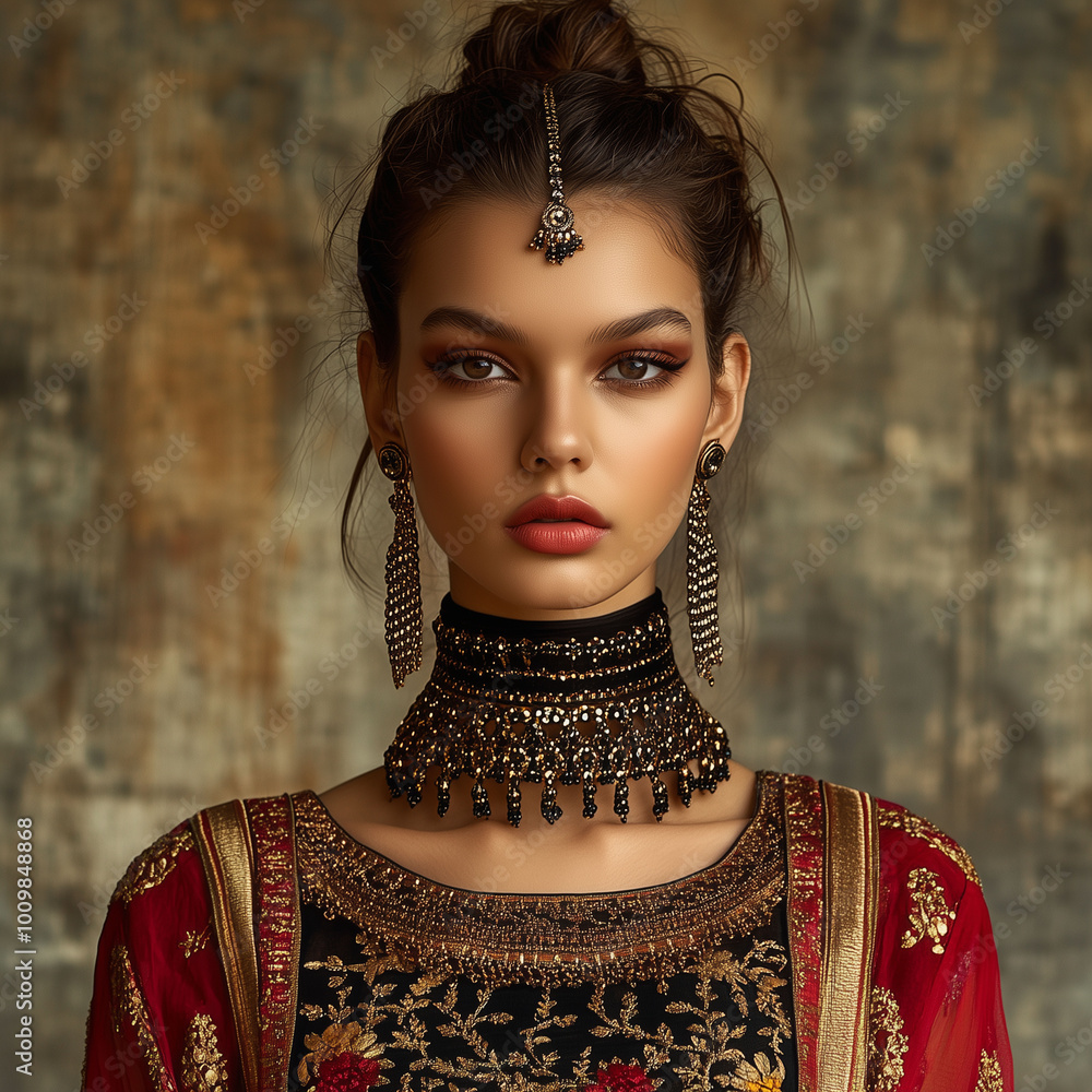 Indian model dressed in a fusion of modern and traditional attire, her neck adorned with elegant crisscross chains, full-body view in a fashion studio setting