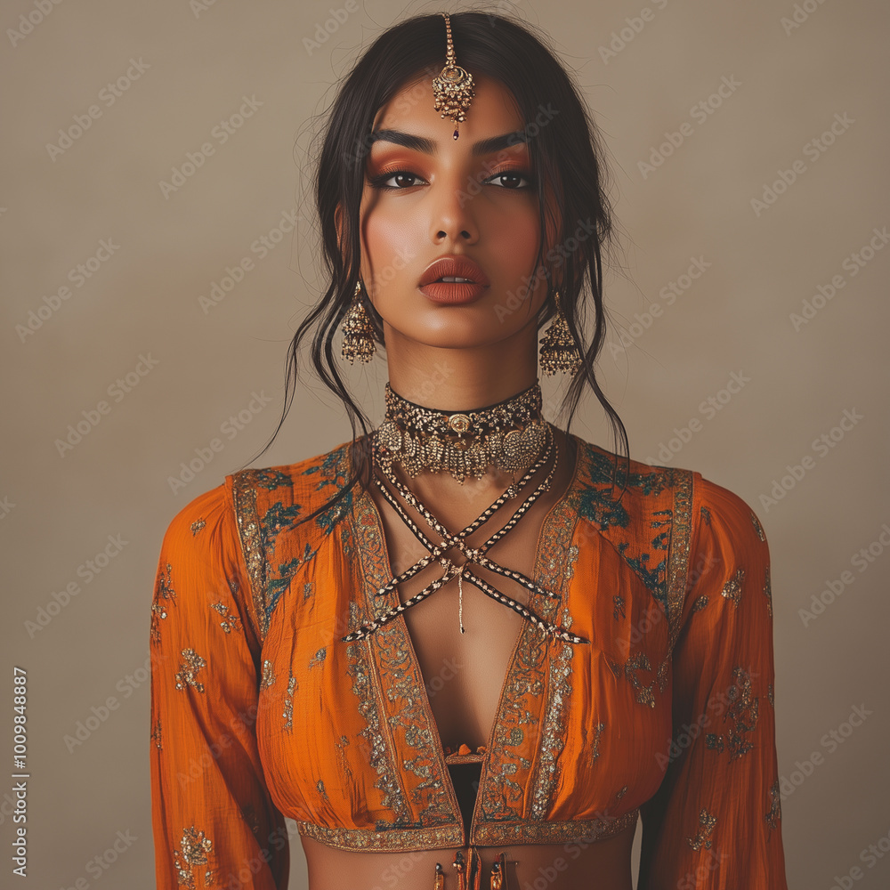 Indian model dressed in a fusion of modern and traditional attire, her neck adorned with elegant crisscross chains, full-body view in a fashion studio setting