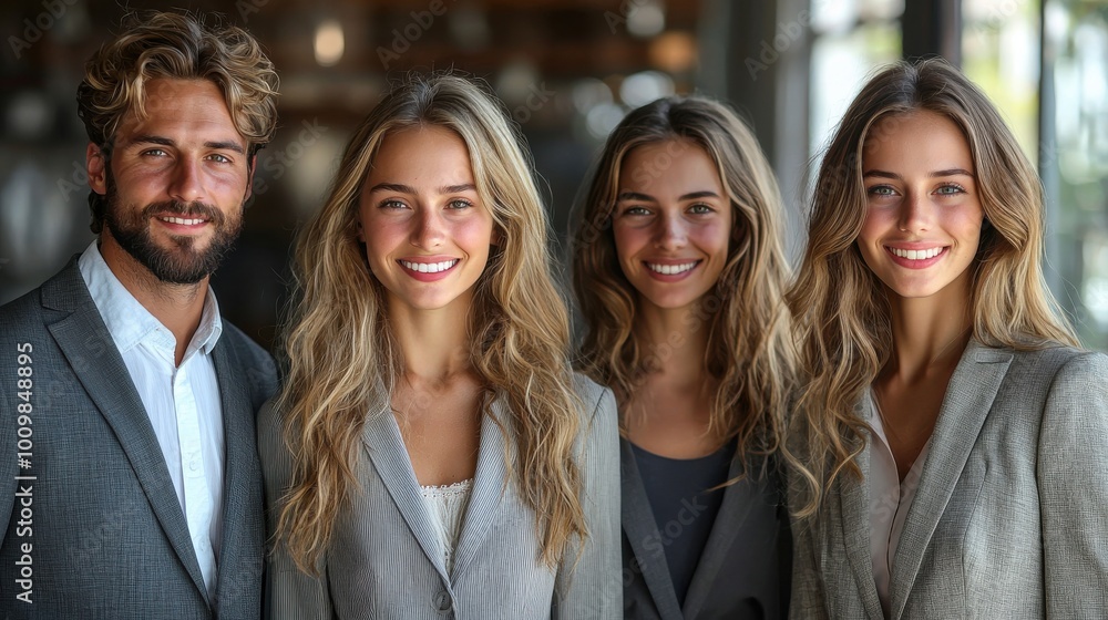 Professional group of four smiling individuals in business attire standing together in a modern office setting during the day Professional group of four smiling individuals in business attire standing together in a modern office setting during the day