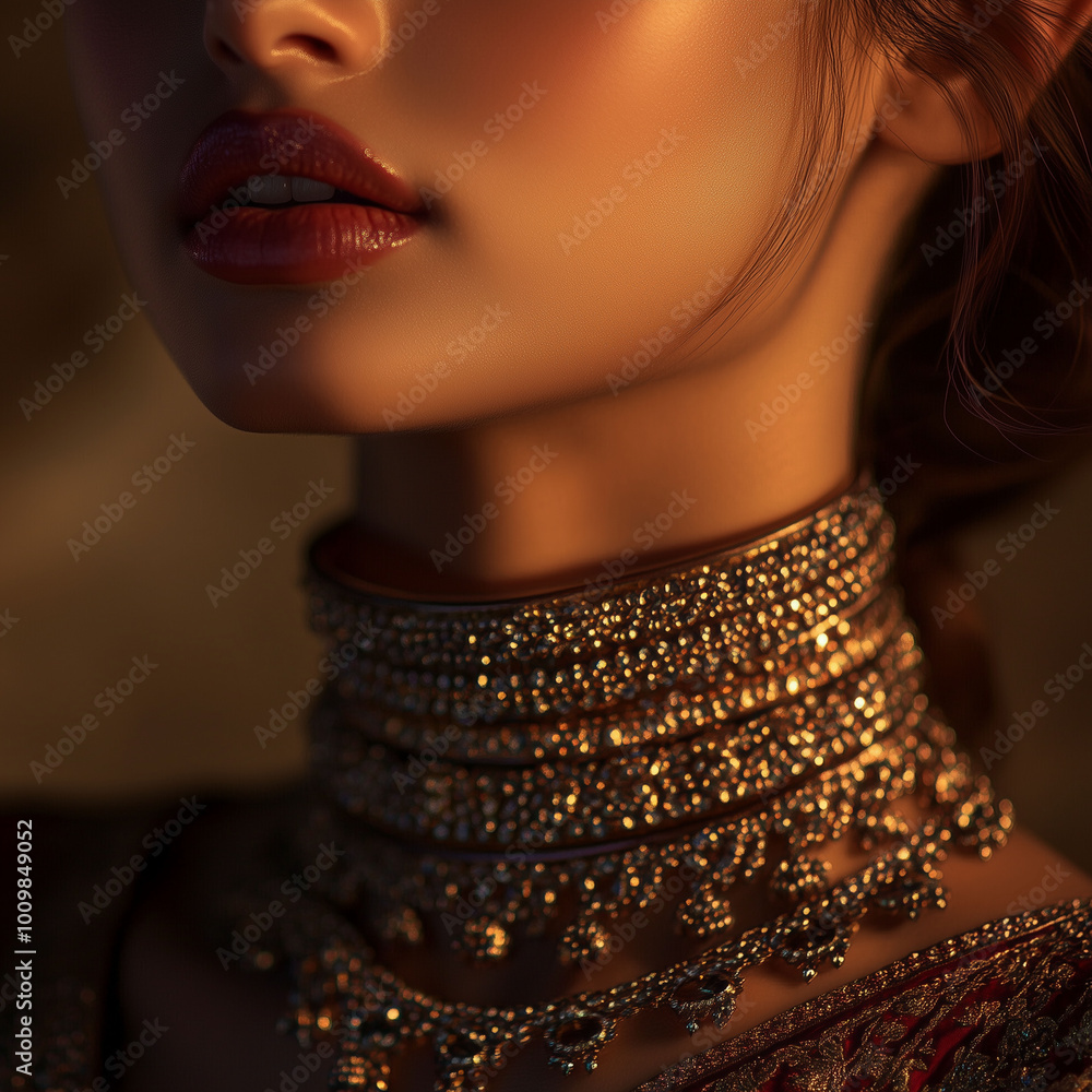 Indian model in traditional attire with multiple crisscross chains elegantly layered across her neck, detailed close-up of the neck and face, soft lighting