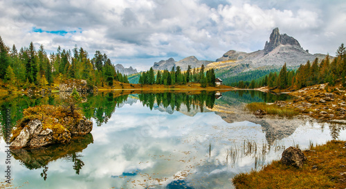 Amazing Lago Di Federa See with beautiful reflection. Majestic Landscape with Dolomites peak, Cortina D'Ampezzo, South Tyrol, Dolomites, Italy. Travel in nature. Artistic picture. Beauty world.