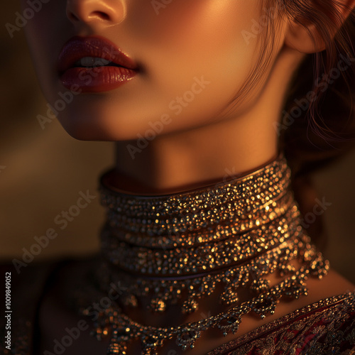 Obraz na płótnie Indian model in traditional attire with multiple crisscross chains elegantly layered across her neck, detailed close-up of the neck and face, soft lighting w salonie