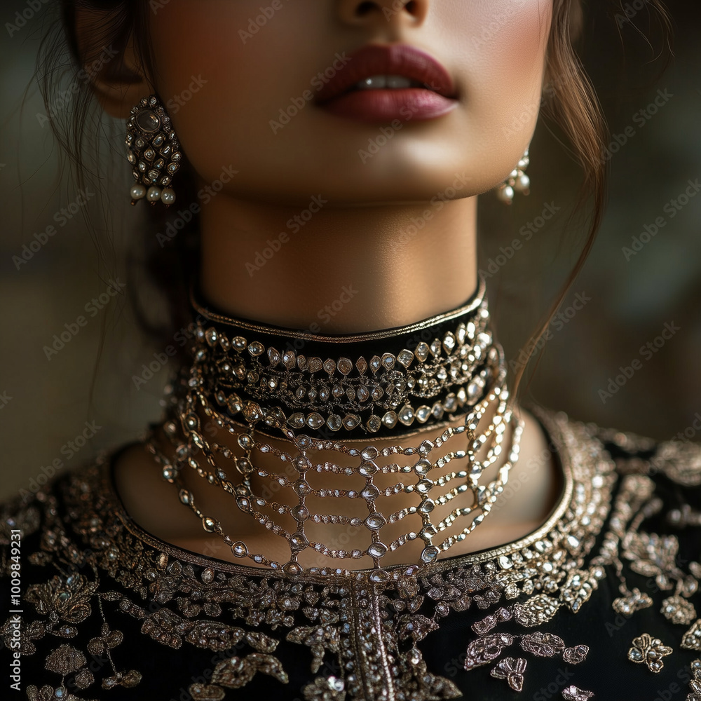 Indian model in traditional attire with multiple crisscross chains elegantly layered across her neck, detailed close-up of the neck and face, soft lighting