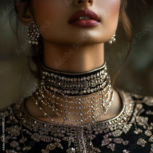 Obraz na płótnie Indian model in traditional attire with multiple crisscross chains elegantly layered across her neck, detailed close-up of the neck and face, soft lighting w salonie