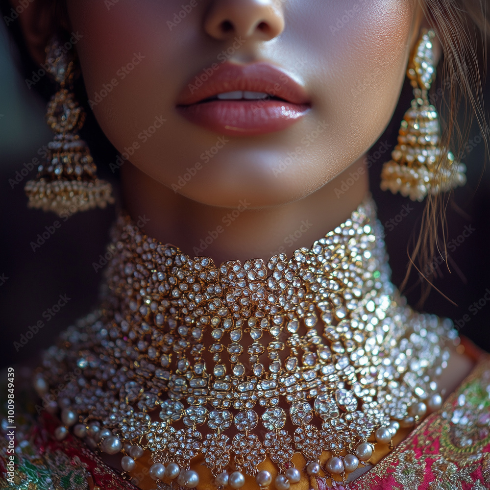 Indian model in traditional attire with multiple crisscross chains elegantly layered across her neck, detailed close-up of the neck and face, soft lighting