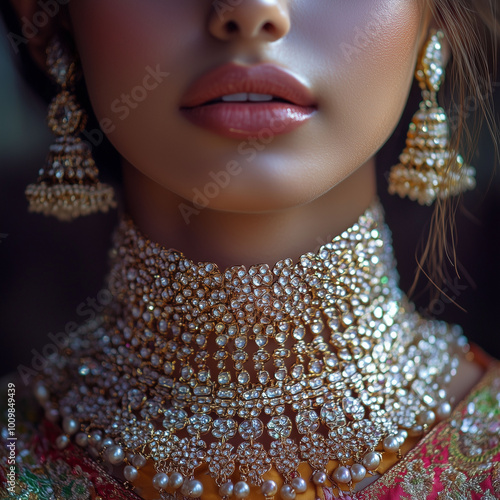 Obraz na płótnie Indian model in traditional attire with multiple crisscross chains elegantly layered across her neck, detailed close-up of the neck and face, soft lighting w salonie