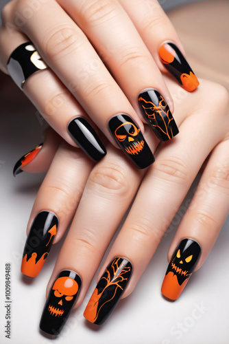 Stunning Halloween-Themed Manicure: Glossy Black Nails with Bold Orange Designs