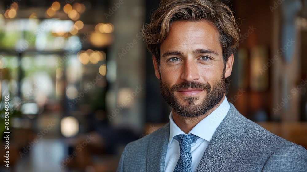 Handsome man in a smart suit smiling warmly in a modern indoor setting during daytime Handsome man in a smart suit smiling warmly in a modern indoor setting during daytime