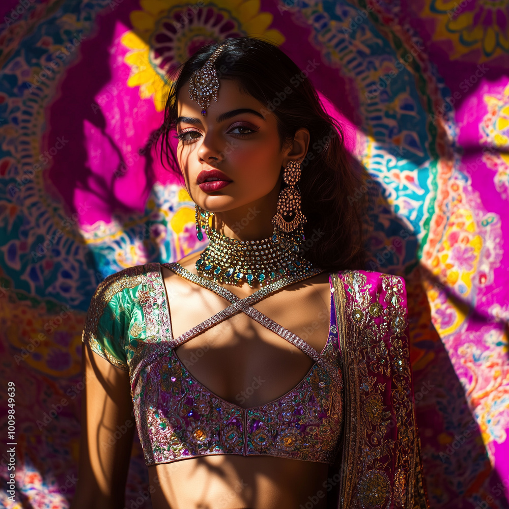 Indian model wearing intricate crisscross chains on her neck, standing against a vibrant cultural backdrop