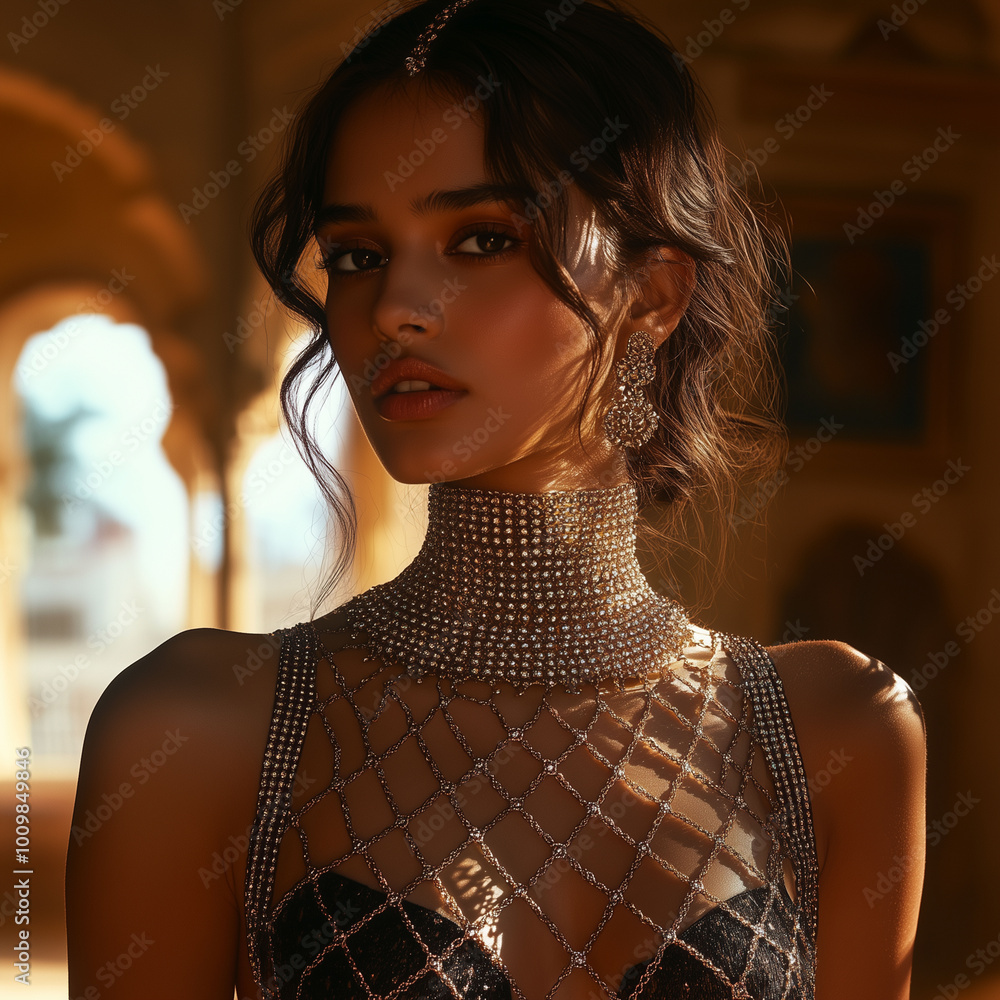 Stunning Indian model posing with her neck covered in shimmering crisscross chains, blending traditional and contemporary jewelry designs
