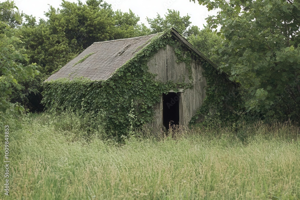 An overgrown wooden shed surrounded by tall grass and trees. An overgrown wooden shed surrounded by tall grass and trees.