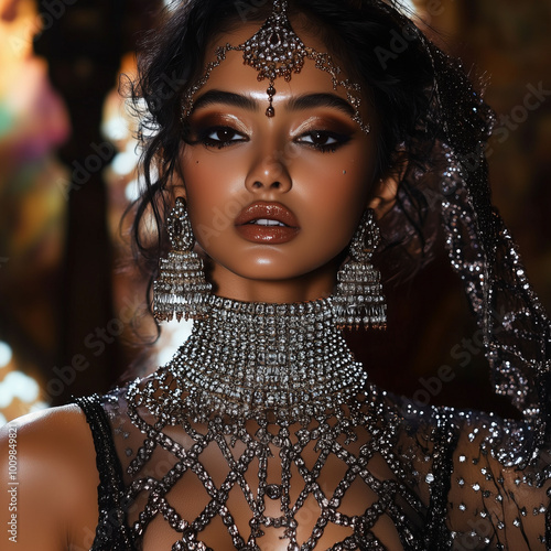 Stunning Indian model posing with her neck covered in shimmering crisscross chains, blending traditional and contemporary jewelry designs