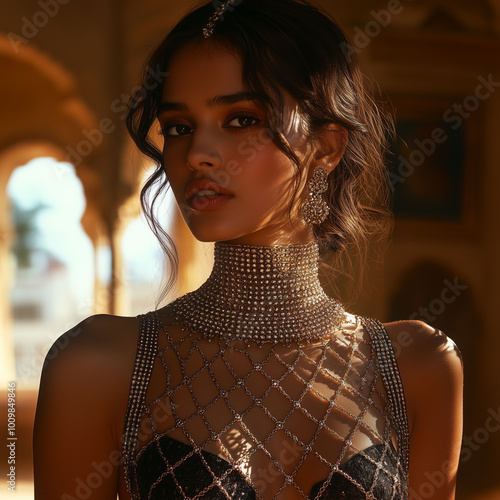Obraz na płótnie Stunning Indian model posing with her neck covered in shimmering crisscross chains, blending traditional and contemporary jewelry designs w salonie