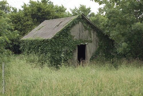 An overgrown wooden shed surrounded by tall grass and trees.