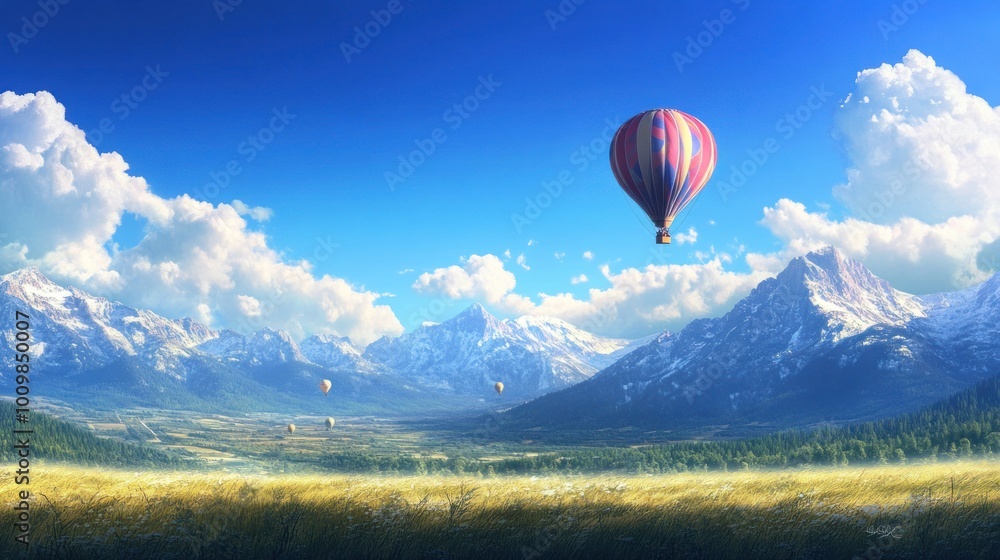 Obraz premium Hot Air Balloon Over Majestic Mountain Range