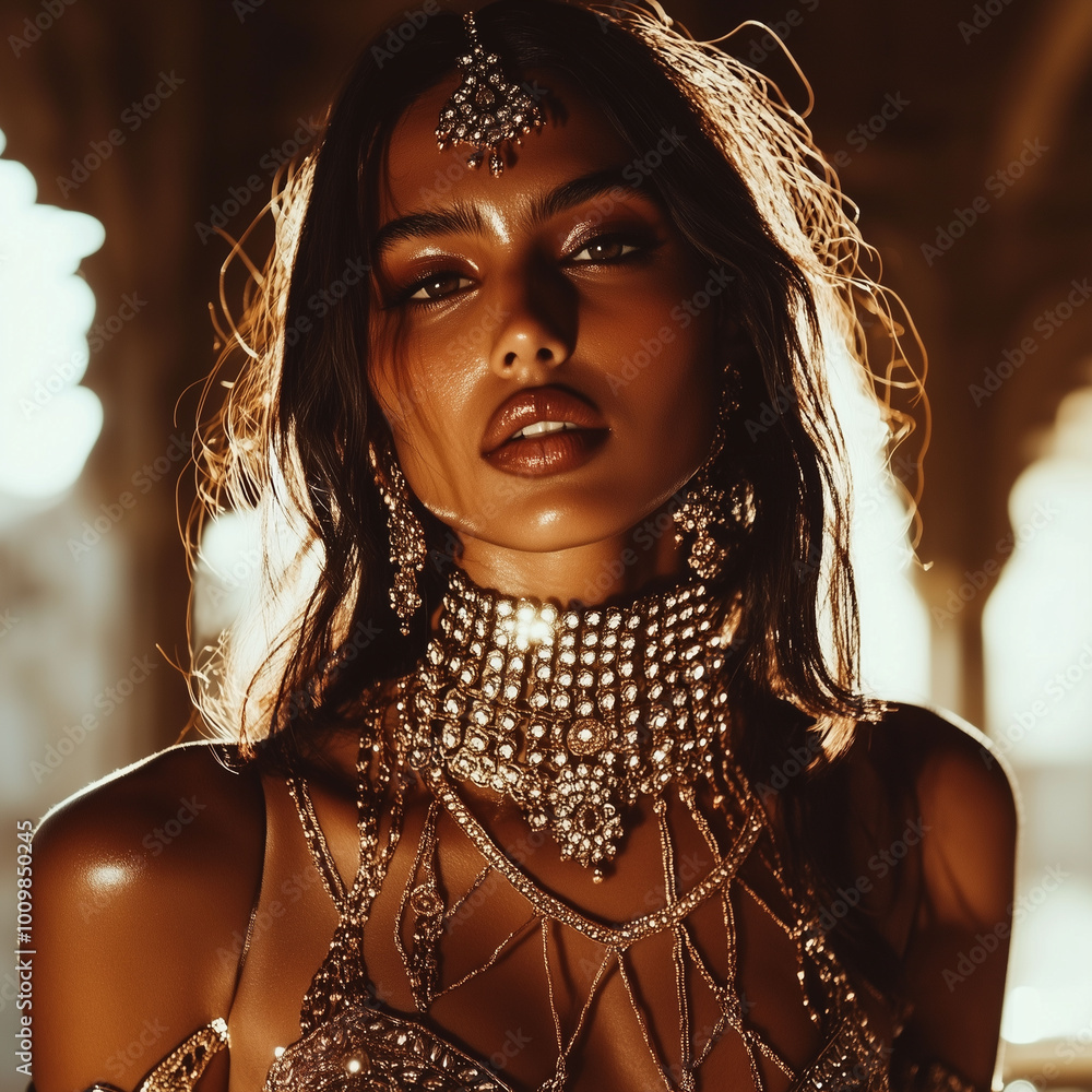 Stunning Indian model posing with her neck covered in shimmering crisscross chains, blending traditional and contemporary jewelry designs