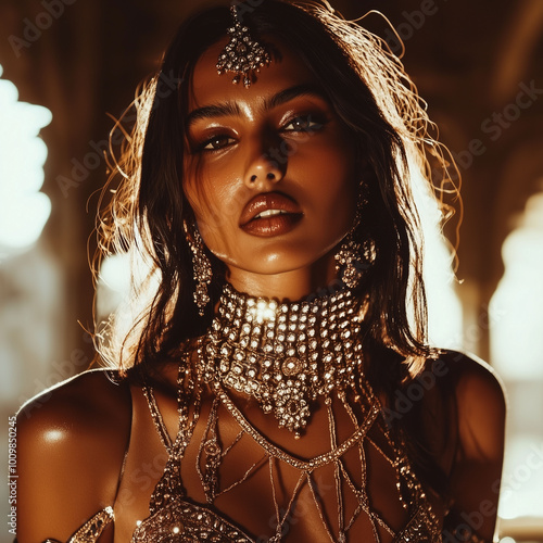 Obraz na płótnie Stunning Indian model posing with her neck covered in shimmering crisscross chains, blending traditional and contemporary jewelry designs w salonie
