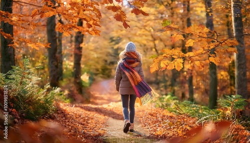 A girl enjoys an autumn hike through a woodland path lined with vibrant falling leaves. Generative AI