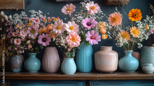 Wallpaper Mural Colorful flowers in assorted vases on a wooden shelf. Torontodigital.ca