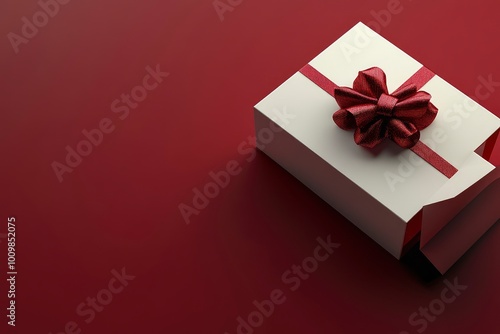 Blank white gift box open or top view of white present box tied with red ribbon bow isolated on dark red background with shadow minimal conceptual 3D rendering with generative ai