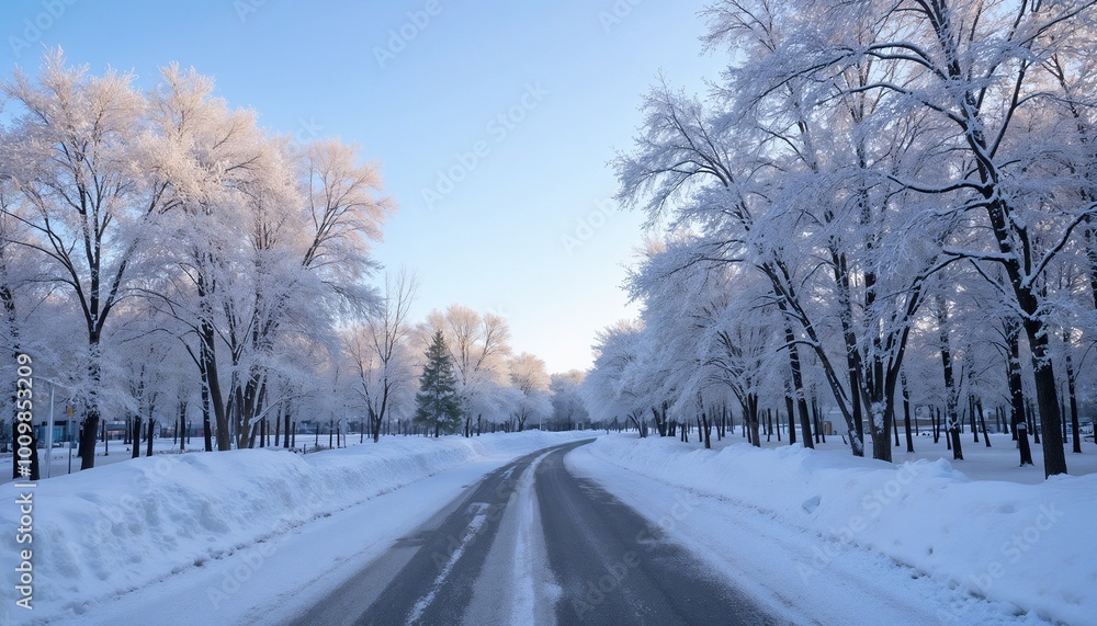 Serene winter road surrounded by frosted trees and white snow, illuminated by soft morning light Serene winter road surrounded by frosted trees and white snow, illuminated by soft morning light