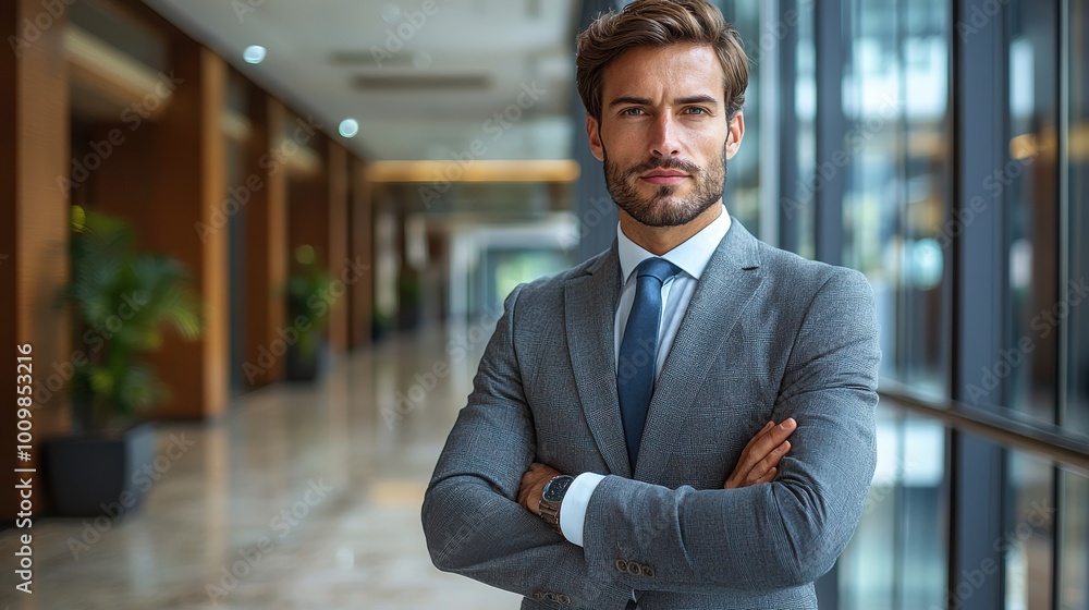 Fototapeta premium Professional man in tailored suit standing confidently in modern office hallway during bright daylight