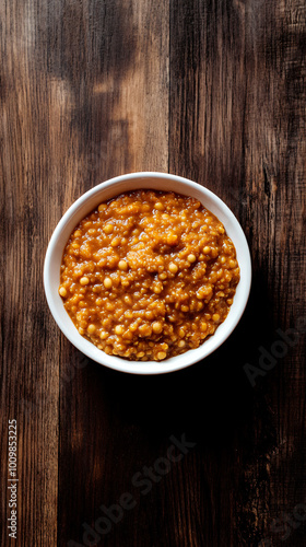 Simple, hearty bowl of lentil stew sits on a rustic wooden table, capturing the essence of comfort food
