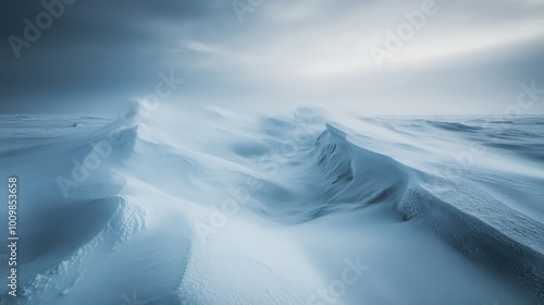 A fierce blizzard engulfs the Arctic tundra, transforming the landscape into undulating snowdrifts and icy mounds under a dusky sky photo