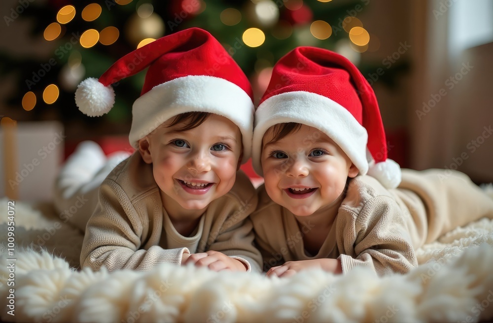 Close-up portrait of cute children wearing a red festive Santa hat lying in a cozy environment on Christmas Eve. New Year holidays concept.