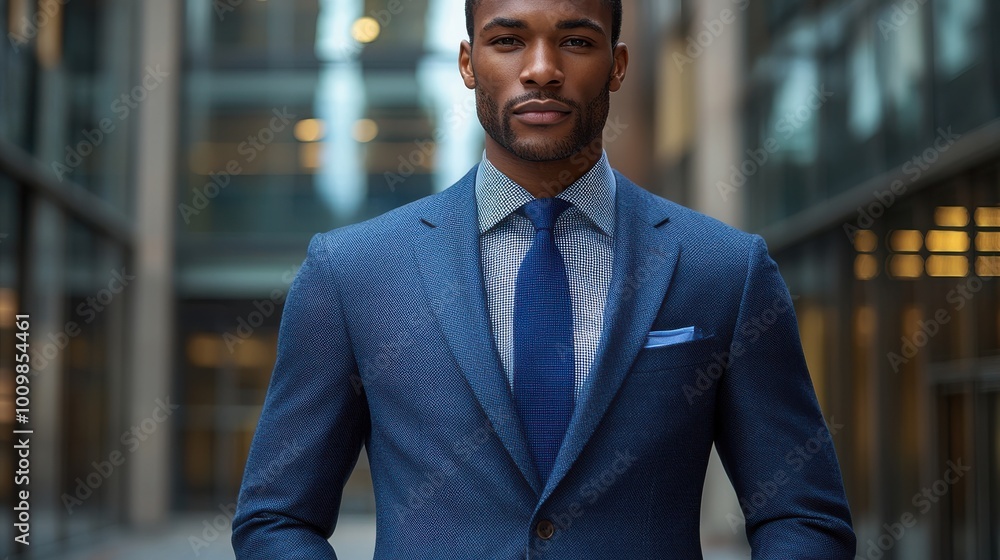 Confidently dressed businessman in a tailored blue suit walking through a modern urban walkway during the day Confidently dressed businessman in a tailored blue suit walking through a modern urban walkway during the day