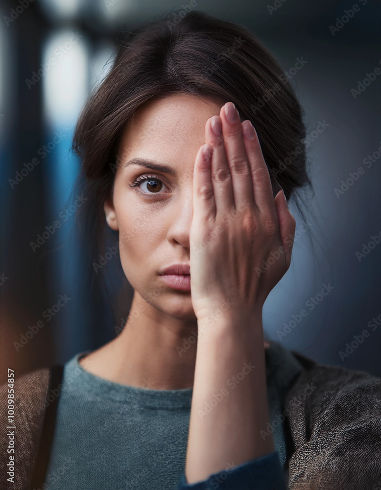 Blonde girl covering her face with her left hand. Image in black and white noir. Depicting sad, worried, frustrated emotion, like the female messed up or is stressed about something, unhappy, unsure Blonde girl covering her face with her left hand. Image in black and white noir. Depicting sad, worried, frustrated emotion, like the female messed up or is stressed about something, unhappy, unsure