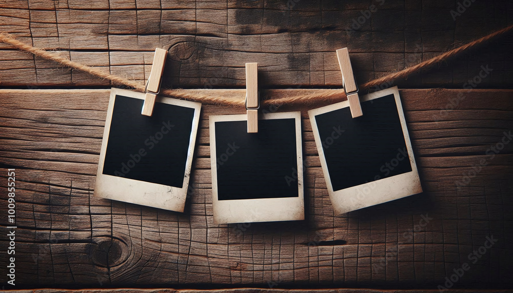 Fototapeta premium Vintage Polaroid Photos on Rustic Wooden Surface