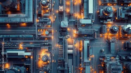 Wallpaper Mural The aerial perspective reveals a sprawling smart factory bustling with activity in the evening, featuring interconnected machines and illuminated pathways enhancing productivity Torontodigital.ca