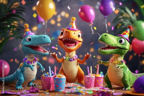 Colorful Dino Party Celebration with Balloons and Confetti