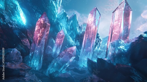 Crystalline Mountain Range with Glowing Blue and Pink Hues