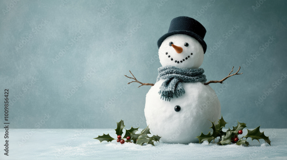 Obraz premium Cheerful snowman with a top hat and scarf stands amidst holly leaves on a snowy terrain, exuding festive joy. With copy space for your design / text