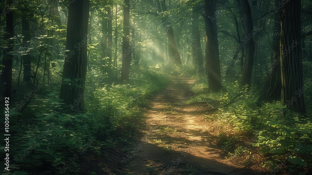 Fototapeta premium Forest hiking trails with dappled sunlight, serene and inviting, Nature, Soft greens, Photograph, Woodland walk