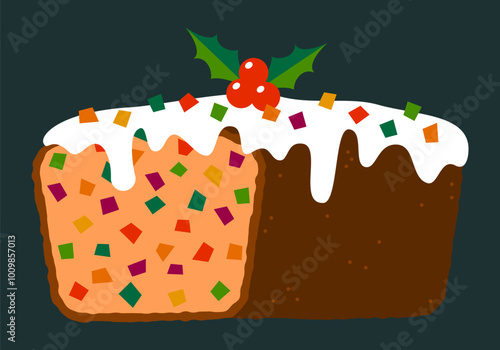Christmas fruitcake. National Fruitcake Month. Stollen, traditional German holiday fruitcake. Traditional Christmas cake with fruits and nuts