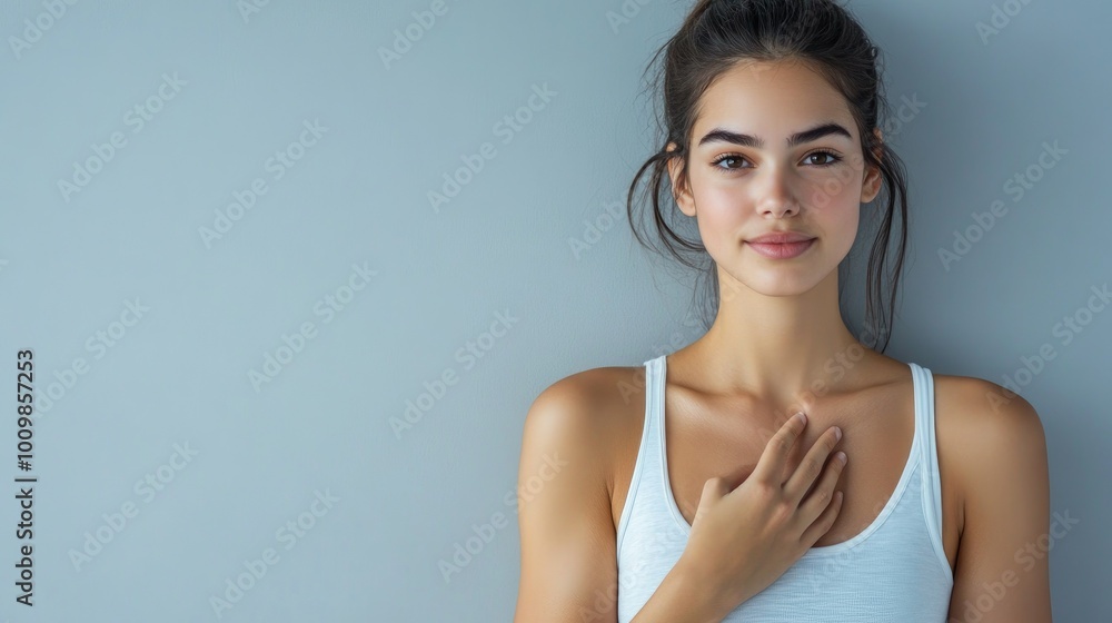 Health and Medicine Concepts - A woman wearing a white t-shirt in support of breast cancer. Health and Medicine Concepts - A woman wearing a white t-shirt in support of breast cancer.