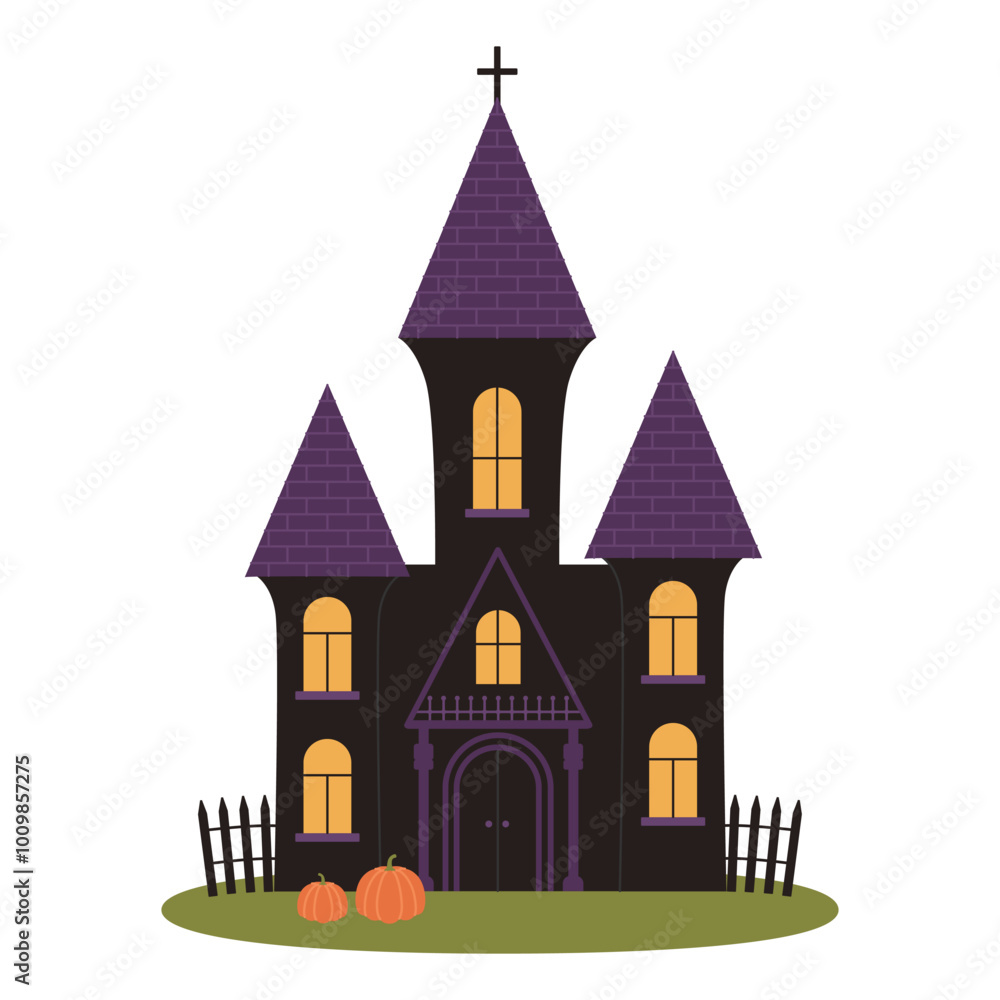Black and purple Halloween castle with towers, cross, fence and pumpkins. Haunted old house. Mystical spooky fortress. Vector flat illustration isolated on white background Black and purple Halloween castle with towers, cross, fence and pumpkins. Haunted old house. Mystical spooky fortress. Vector flat illustration isolated on white background