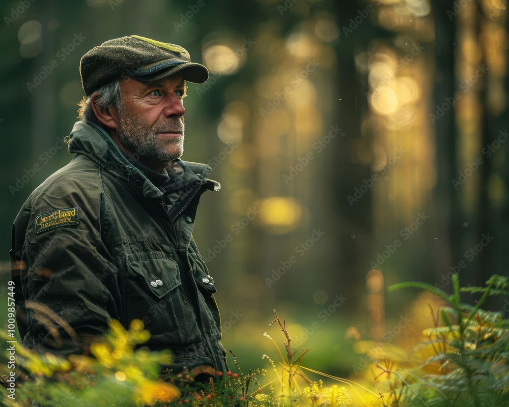 Fototapeta premium Forest ranger with dynamic scenes, natural and inviting, Nature, Soft greens, Photograph, Wildlife protection
