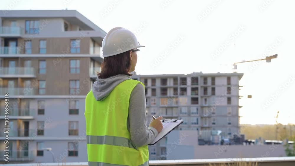 Woman construction engineer is taking notes and writing on a clipboard while inspecting a construction site in the morning at sunrise Woman construction engineer is taking notes and writing on a clipboard while inspecting a construction site in the morning at sunrise
