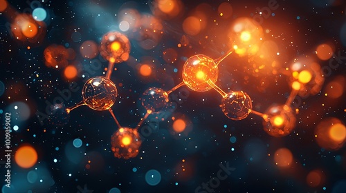 A dynamic portrayal of molecules linked in a sequence, radiating warm orange tones, representing the essence of connectivity and scientific progression. photo