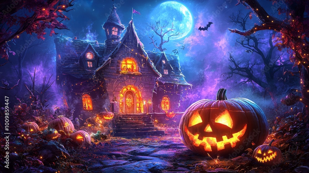 Fang-tastic Halloween Vibes: Smiling Vampire & Spooky House with String Lights, Flat Design for Funny Text, Festive Holiday Illustration Fang-tastic Halloween Vibes: Smiling Vampire & Spooky House with String Lights, Flat Design for Funny Text, Festive Holiday Illustration
