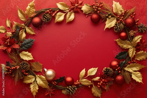 Christmas background with decorations and wide arch shaped leaf frame on red background. with generative ai