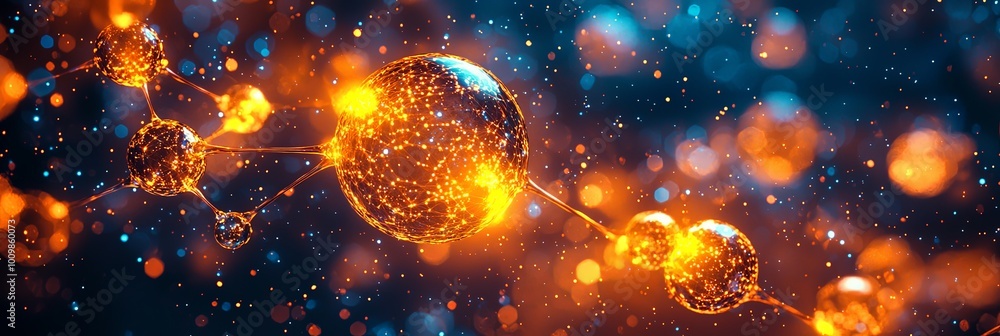 Intricate glowing molecular network placed in a cosmic themed backdrop, blending shades of orange and blue, symbolizes the wonders of scientific discovery. Intricate glowing molecular network placed in a cosmic themed backdrop, blending shades of orange and blue, symbolizes the wonders of scientific discovery.