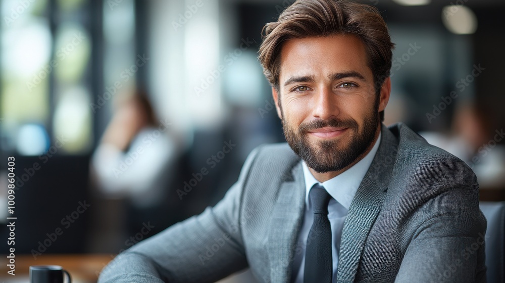 A confident businessman smiles at the camera during a morning meeting in a modern office setting A confident businessman smiles at the camera during a morning meeting in a modern office setting