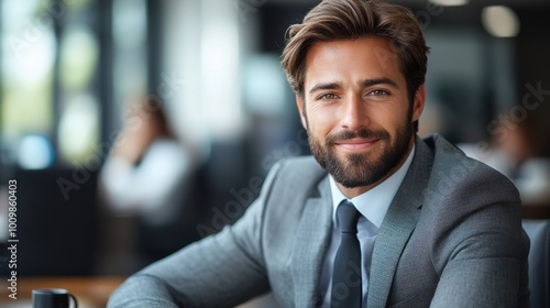 A confident businessman smiles at the camera during a morning meeting in a modern office setting